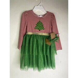 Young Hearts Toddler Girls 3T Holiday Christmas Long Sleeve Tutu Dress Hair Tie